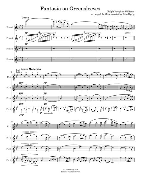 Fantasia On Greensleeves For Flute Quartet Sheet Music Ralph Vaughan