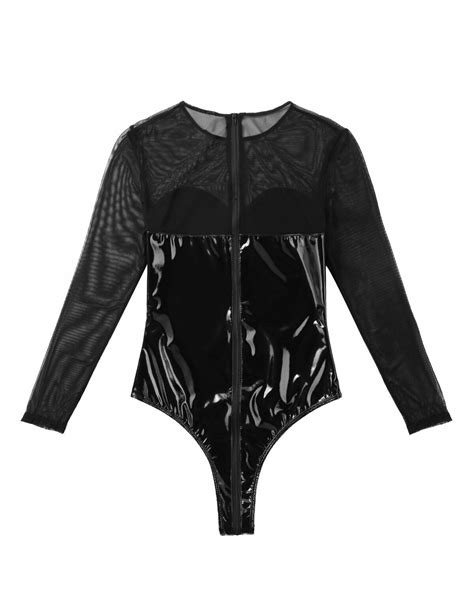 sexy women patent leather bodysuit top long sleeve leotard bodysuit high collar ebay