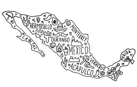 Hand Drawn Doodle Mexico Map Mexican City Names Lettering And Cartoon