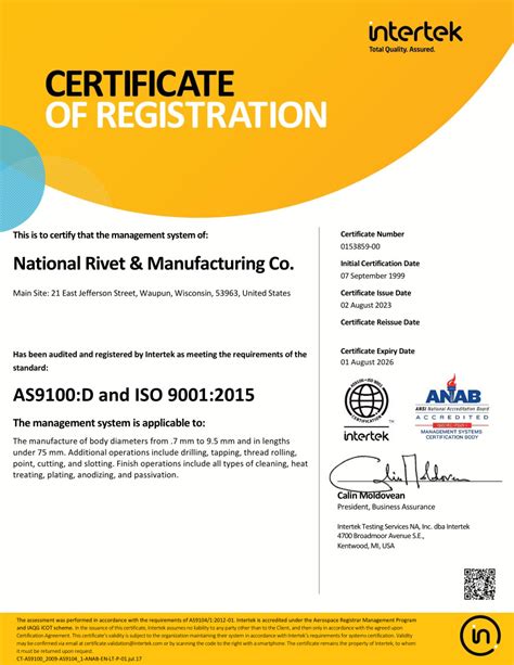 Iso 90012015 As9100d Certification National Rivet
