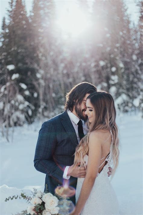Winter Mountain Snowy Bridals Formal Session Bride Groom Sun Flare Pine
