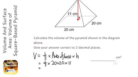 You can dynamically calculate the area of the base, surface area of pyramid and volume of the pyramid. Volume And Surface Area: Volume of Square-Based Pyramid ...