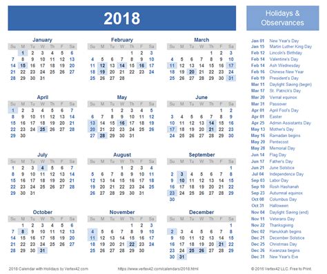 2018 Pdf Yearly Calendar With Holidays Free Printable