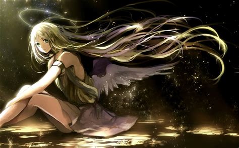 Long Hair Anime Girl Wings Angel Light Halo Hd Wallpapers Anime