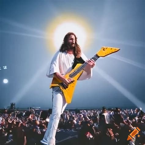Jesus Christ Playing V Shaped Guitar At Heavy Metal Concert With Crowd