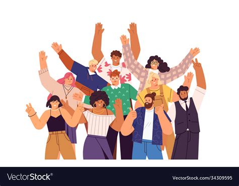 Group Happy People Standing Together Waving Vector Image