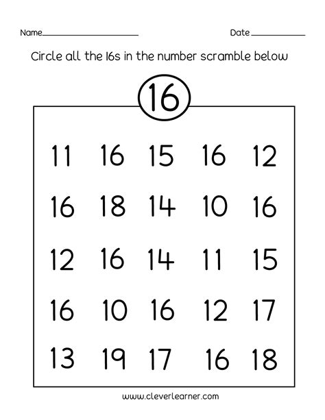Numbers 1-16 Worksheet