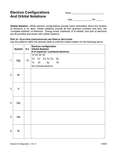 Details of using the periodic table as a guide for determining electron configurations can be found on the ch301 website. Electron Configuration Worksheet