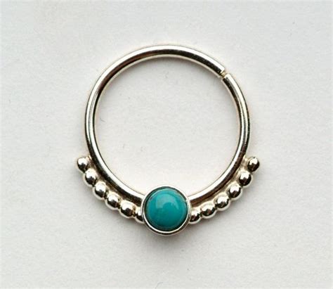 Septum Ring Nose Ring With 1mm Balls And 3mm Turquoise Stone Gold Filled Or Sterling Silver