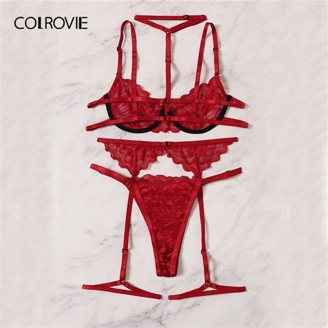 colrovie red floral lace garter lingerie set with choker women intimates underwire bra and