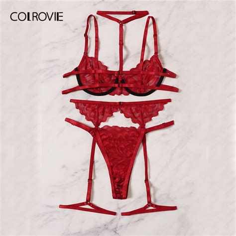 Colrovie Red Floral Lace Garter Lingerie Set With Choker Women Intimates Underwire Bra And