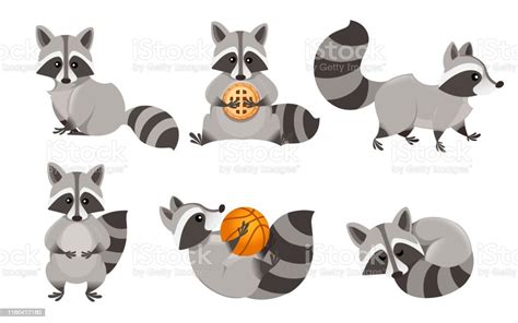 Cute Cartoon Raccoon Set Funny Raccoons Collection Emotion Little