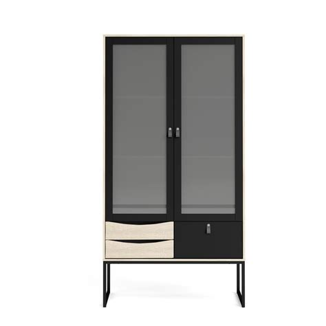 Stubbe 2 Glass Door China Cabinet With 3 Drawers Black Matte Oak Structure