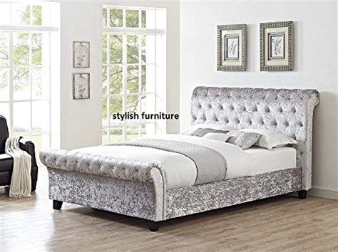 Luxury Chesterfield Sleigh Bed Grey Crushed Velvet Fabric Bed Double 4ft6 By Stylish Furniture