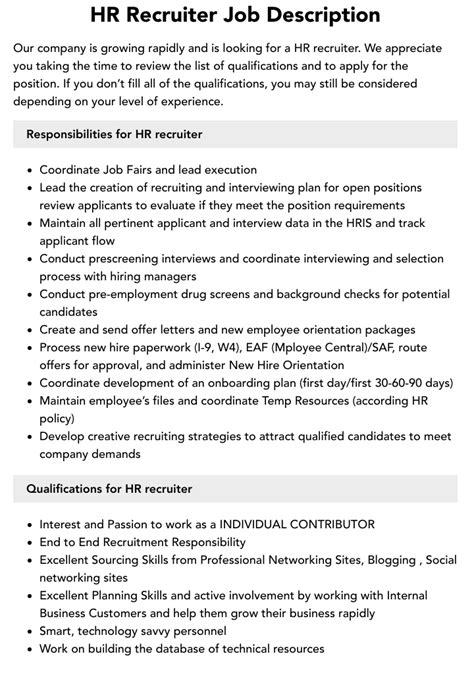 Hr Recruiter Job Description Velvet Jobs