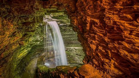 Waterfalls Between Rock Formation Nature Rock Cave Waterfall Hd