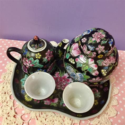Vintage Chinese Black Floral Childrens Tea Set Chinese Miniature Tea