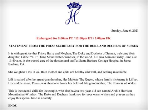 Meghan markle and prince harry have announced the birth of their baby daughter.lilibet is the couples second child and joins big brother archie. Prince Harry and Meghan Markle's Daughter Born, Named Lilibet Diana