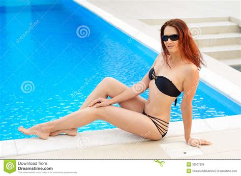Woman Tanning Near The Home Pool Stock Image Image Of Recreation Sunbathing