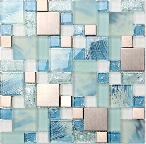 Hand Painted Blue Glass Bathroom Tile Silver Stainless Steel Etsy Metal Mosaic Wall Metal