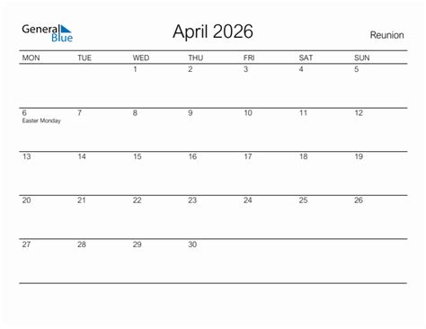 Printable April 2026 Monthly Calendar With Holidays For Reunion