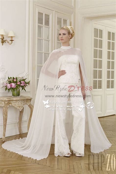 Elegant Wedding Pant Suit Lace Dress With Chiffon Cloak Wps 030