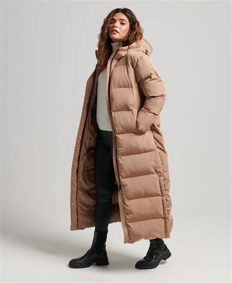 women s hooded maxi puffer coat in woodsmoke superdry ie