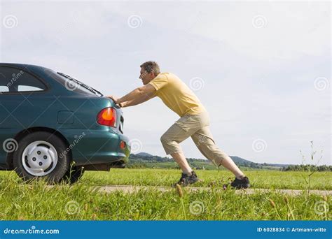 Man Pushing His Car Stock Photo Image Of Gasoline Breakdown 6028834
