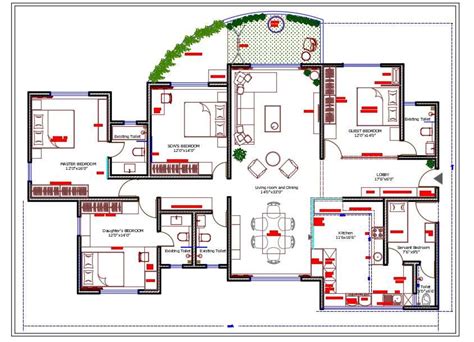 45x65 Ft 4 Bedroom House Ground Floor Plan With Furniture Layout