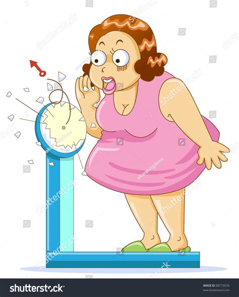 Overweight Fat Woman On The Weight Scale Stock Vector Illustration