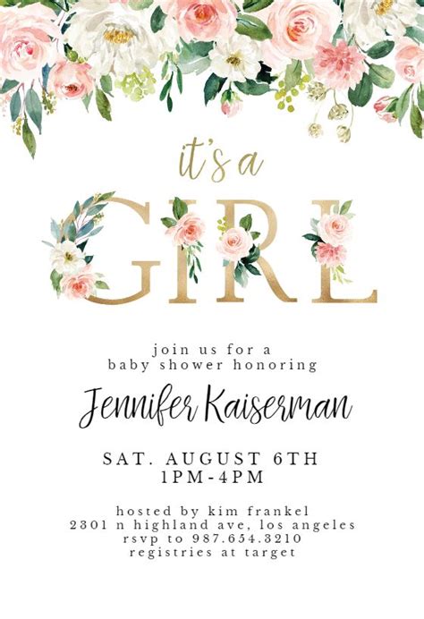 Its A Girl Floral Letters Baby Shower Invitation Template