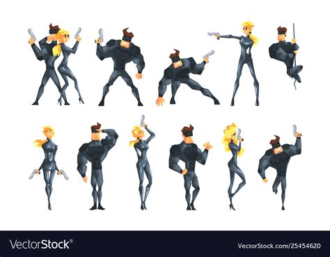 Secret Agent In Different Actions Posing With Gun Vector Image