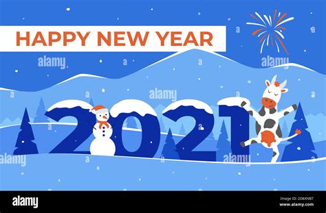 Happy New Year 2021 Vector Greeting Illustration With Cow And Snowman