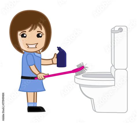 Funny Cute Small Girl Cleaning Toilet Vector Clip Art Illustration