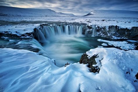 448056 Winter Iceland Water Snow Nature Godafoss Falls River