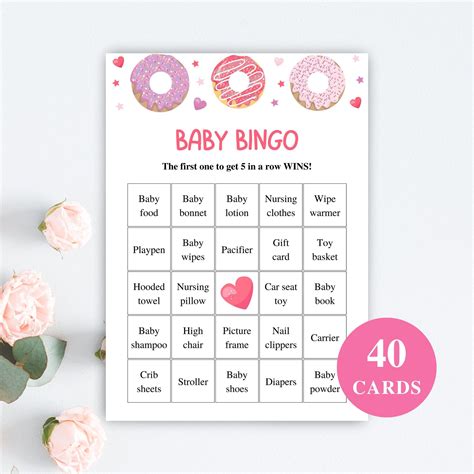 40 Printable Donut Baby Shower Bingo Cards Pink Doughnut Baby Shower