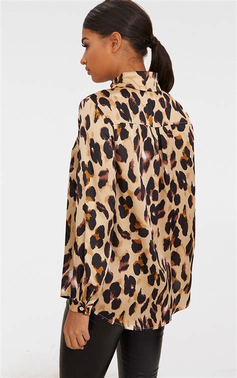 Tan Leopard Print Satin Oversized Shirt Tops Prettylittlething Usa