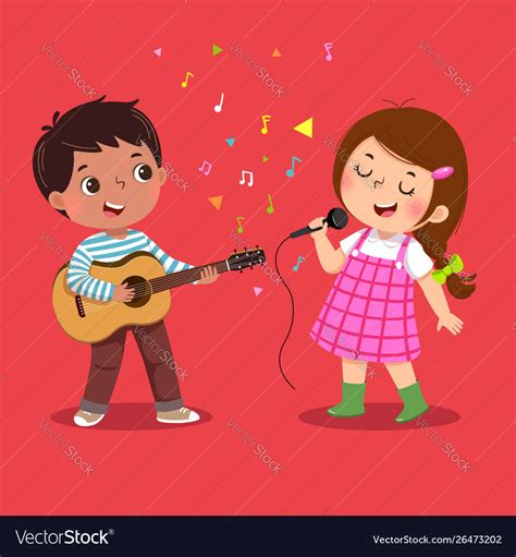 Cute Boy Playing Guitar And Little Girl Singing Vector Image