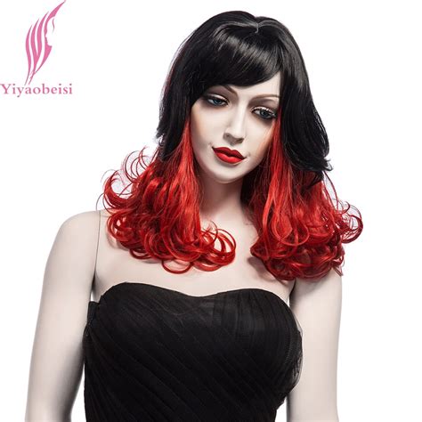 yiyaobess 40cm black red ombre wig with bangs synthetic middle part medium long curly wigs for