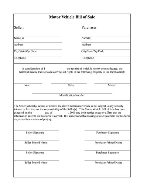 Bill Of Sale Form For Vehicle