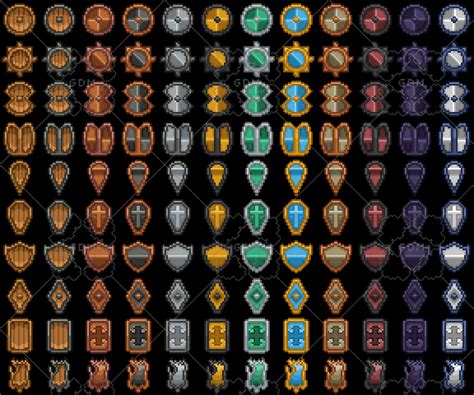 Pixel Art Icons Shields 24×24 Gamedev Market