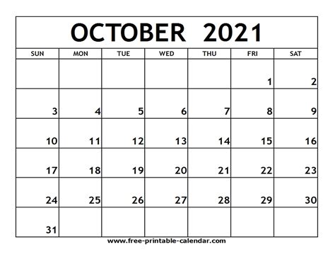 Free Printable October 2021 Calendar Printable World Holiday