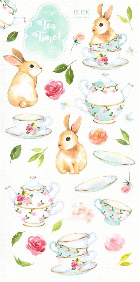 Its Tea Time Watercolor Cliparts Bunny Clipart Tea Etsy Art And
