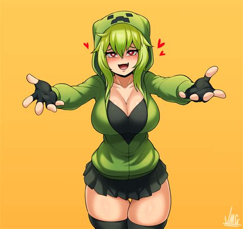 Jmg Creeper Green Hair Red Eyes Cleavage Big Boobs Minecraft Anime Girls Heart Eyes