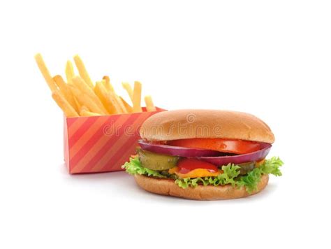 Tasty Burger And French Fries On White Traditional American Food Stock
