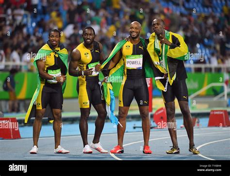 Usain Bolt Of Jamaica Celebrates With Teammates Asafa Powell Yohan Blake And Nickel Ashmeade