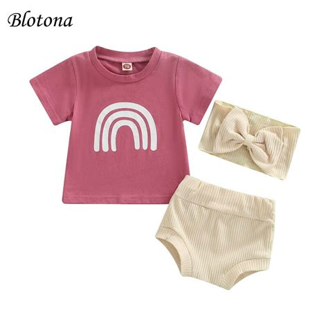 blotona infant girls 3pcs outfits rainbow print short sleeve round neck t shirt high waist