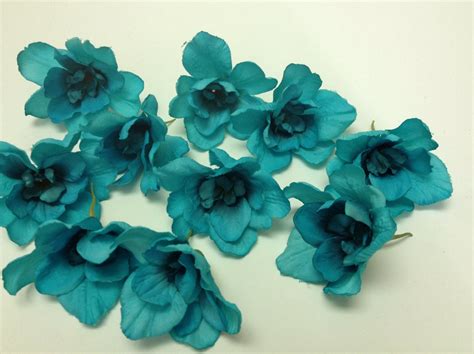 Silk Flowers Ten Artificial Delphinium Blossoms In Turquoise
