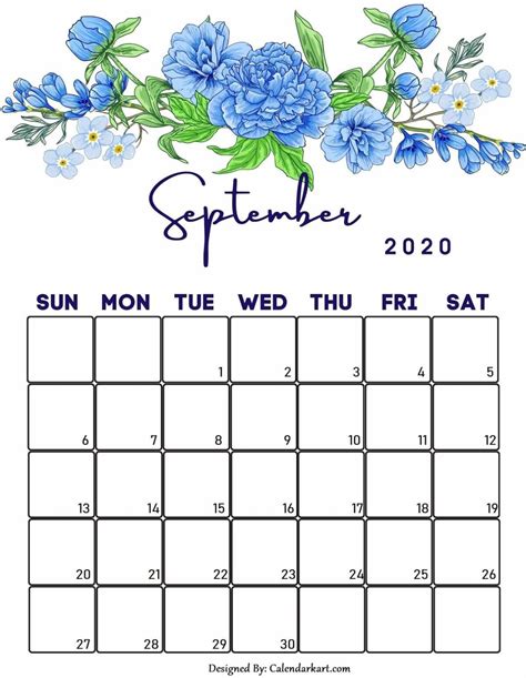 September 2020 Calendar Floral Template | September calendar, 2020 calendar template, Calendar ...