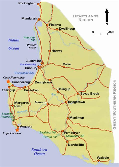Road Map Of Famous Wine Region Of Margaret River Western Australia